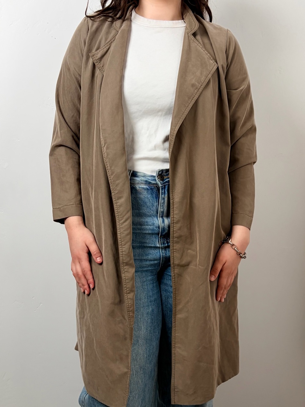 American Apparel “Dylan” Open-Front Trench Coat in Taupe